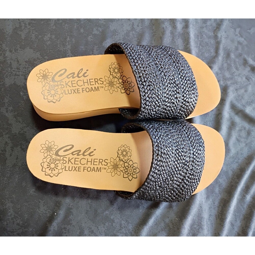 Skechers Cali Women's Slide Sandals Wedge Woven Cushioned Vegan Black US 8 - Picture 2 of 5
